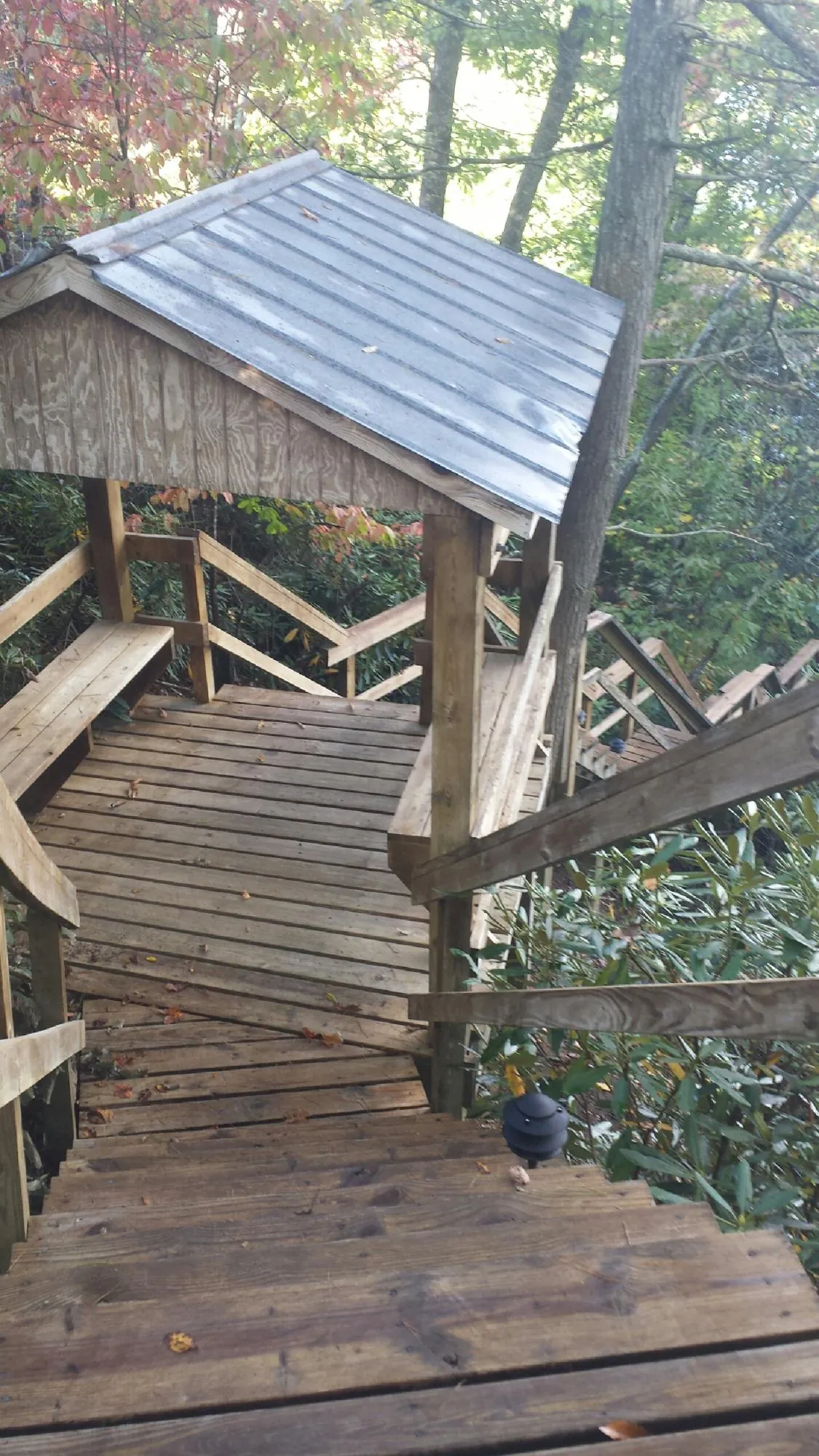Metal roofed shelter over wooden steps on a wooded walkway — Skylight Repair & Installation work by our crew in South Prairie